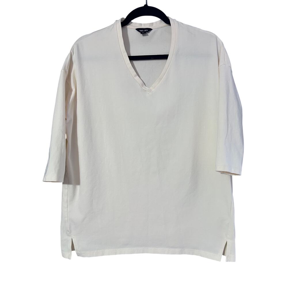 Saint & Sofia Women's sz 6 3/4 Sleeve Cream Organic Cotton V Neck Shirt